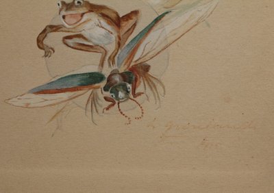 Humorous study 'Frog and insects' gouache drawing signed circa 1920