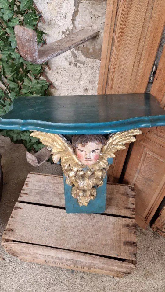 Console D’église Ancienne 19ème Siècle Décorative Tête De Chérubin En Bois Origine Française