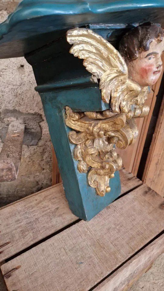 Console D’église Ancienne 19ème Siècle Décorative Tête De Chérubin En Bois Origine Française