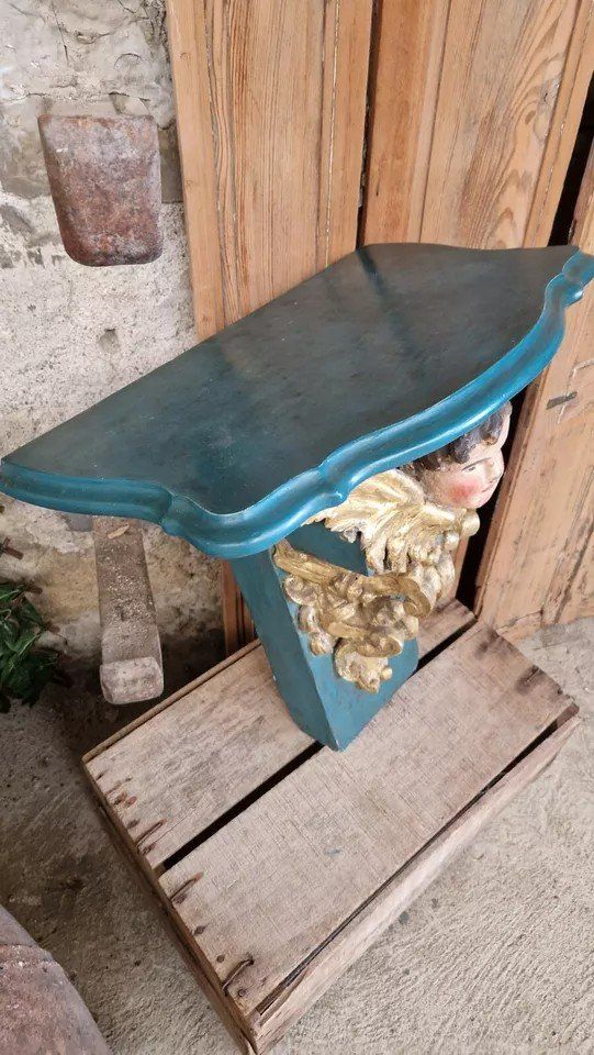 Console D’église Ancienne 19ème Siècle Décorative Tête De Chérubin En Bois Origine Française