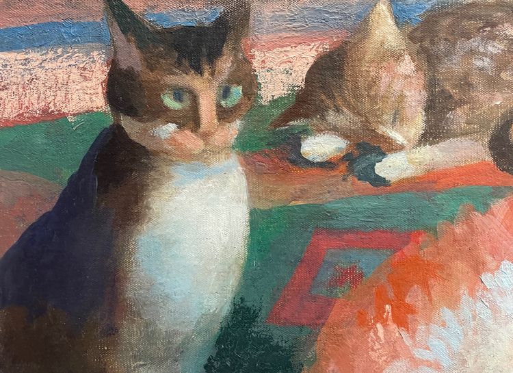 Pittura olio su tela XXem, tre gatti, pittrice donna Bernadette Kelly