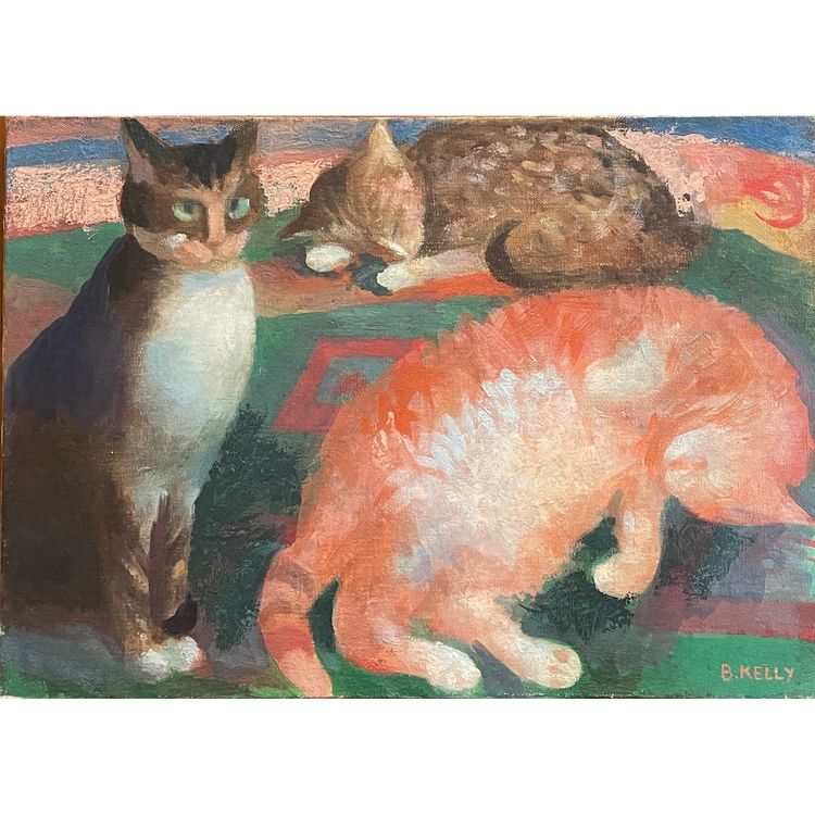 Pittura olio su tela XXem, tre gatti, pittrice donna Bernadette Kelly