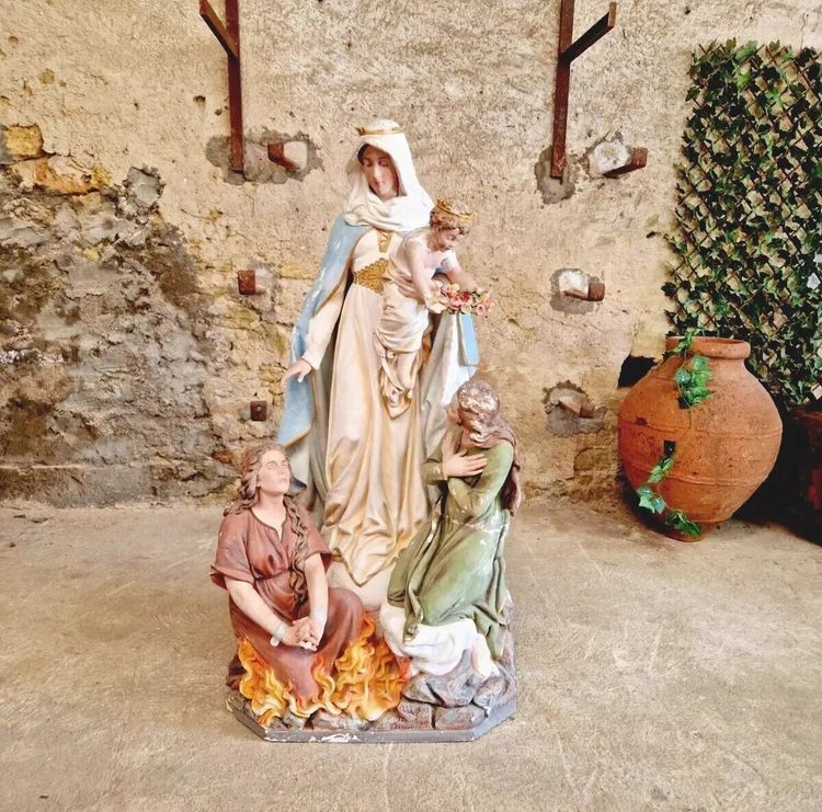 Antique Life-Size Religious Statue of Our Lady of Purgatory Stamped