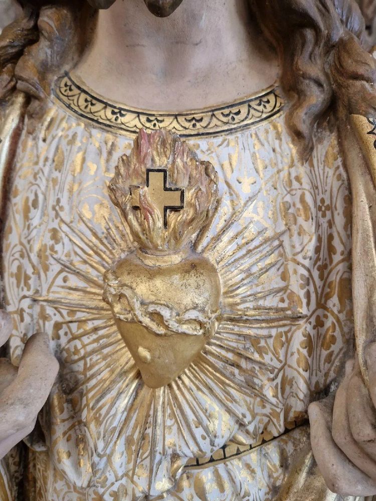 Antique Religious Statue Jesus Sacred Heart Church Sculpture