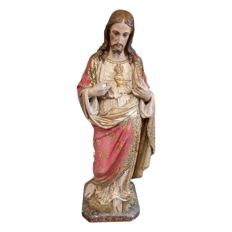 Antique Religious Statue Jesus Sacred Heart Church Sculpture