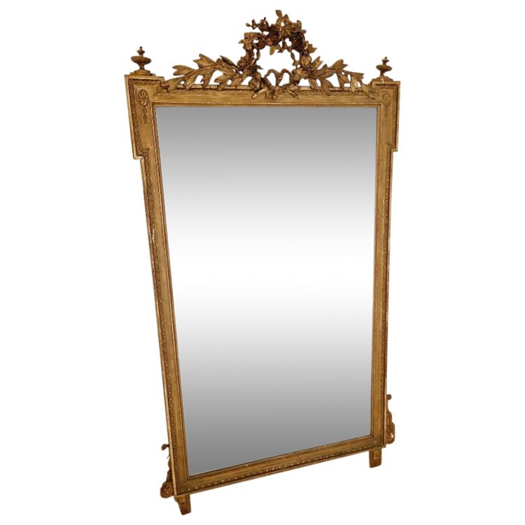 Grand Miroir Ancien De Style Louis XVI En Bois Doré, France