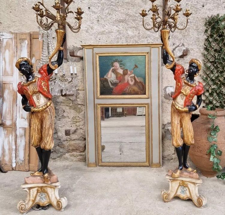 Specchio antico dipinto a olio francese del XIX secolo in stile Luigi XVI Trumeau