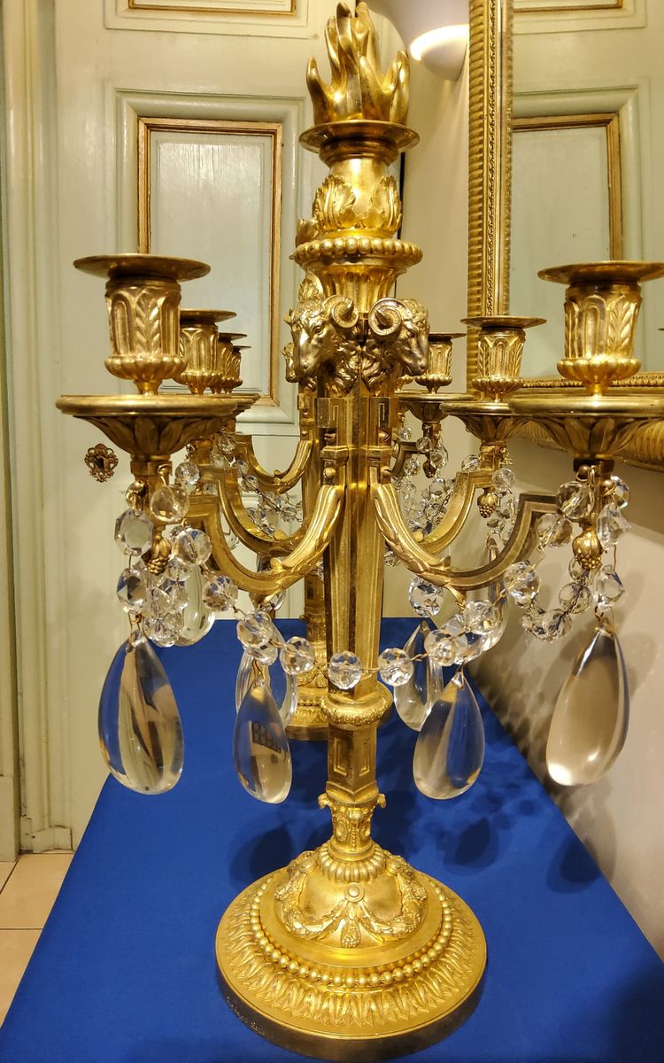Pair of Candelabras "à la Grecque" Gilded bronzes and crystals signed Eugéne Hazart Paris XIXéme S