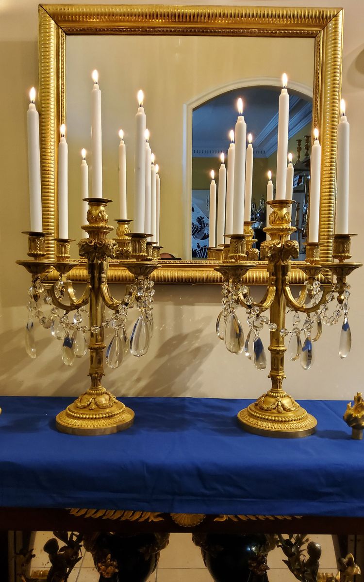 Pair of Candelabras "à la Grecque" Gilded bronzes and crystals signed Eugéne Hazart Paris XIXéme S