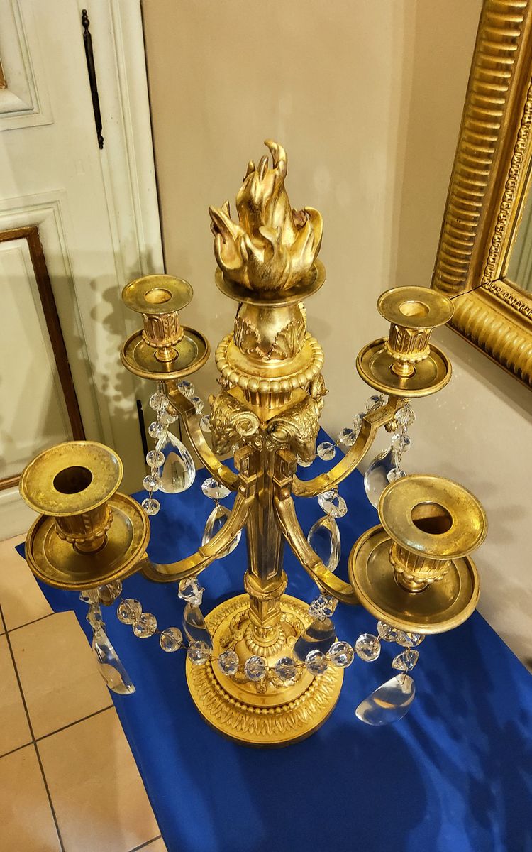 Pair of Candelabras "à la Grecque" Gilded bronzes and crystals signed Eugéne Hazart Paris XIXéme S
