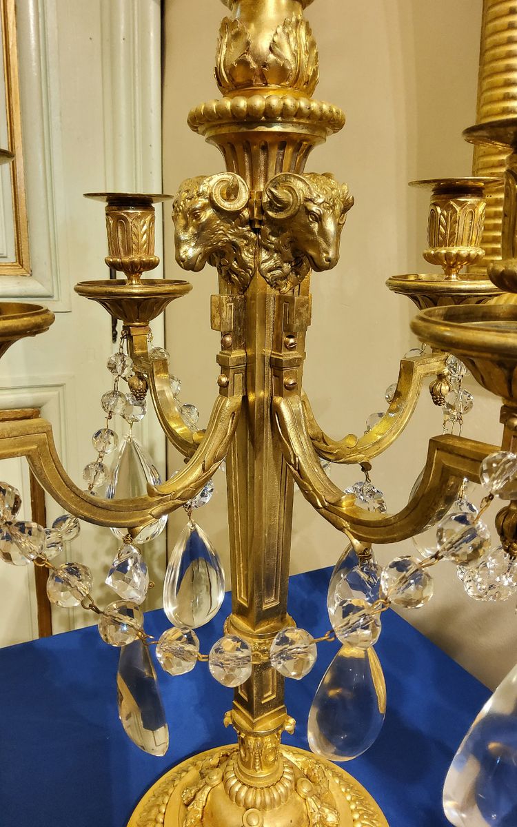 Pair of Candelabras "à la Grecque" Gilded bronzes and crystals signed Eugéne Hazart Paris XIXéme S
