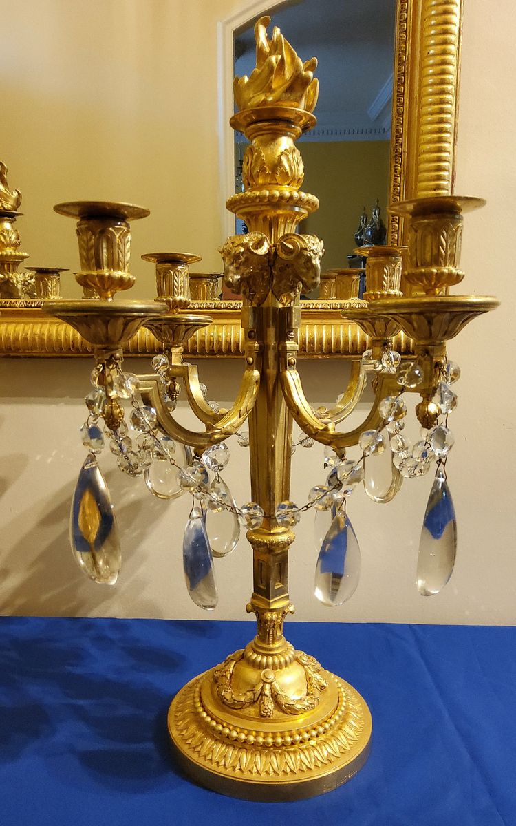 Pair of Candelabras "à la Grecque" Gilded bronzes and crystals signed Eugéne Hazart Paris XIXéme S