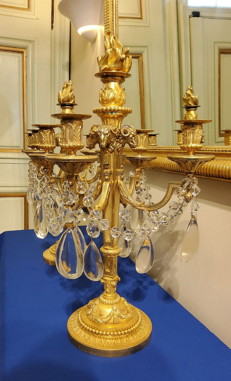 Pair of Candelabras "à la Grecque" Gilded bronzes and crystals signed Eugéne Hazart Paris XIXéme S