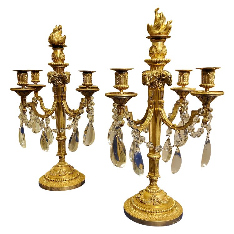 Pair of Candelabras "à la Grecque" Gilded bronzes and crystals signed Eugéne Hazart Paris XIXéme S