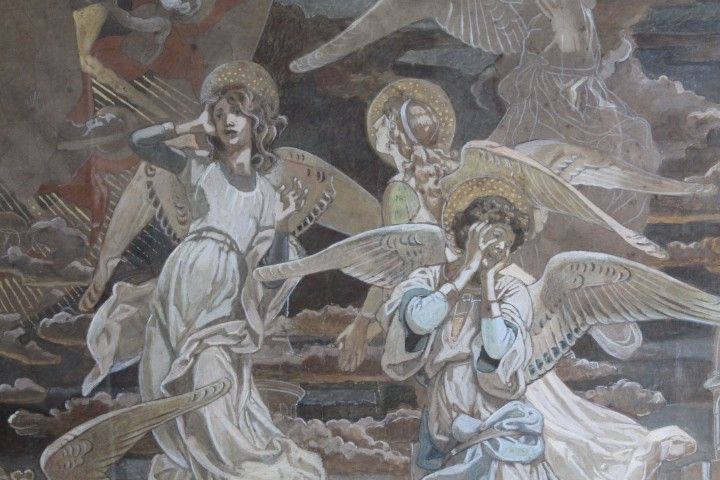 Ancienne peinture à la détrempe Anges croquis pour fresque 19ème siècle. grande qualité. Mes 108 x 84