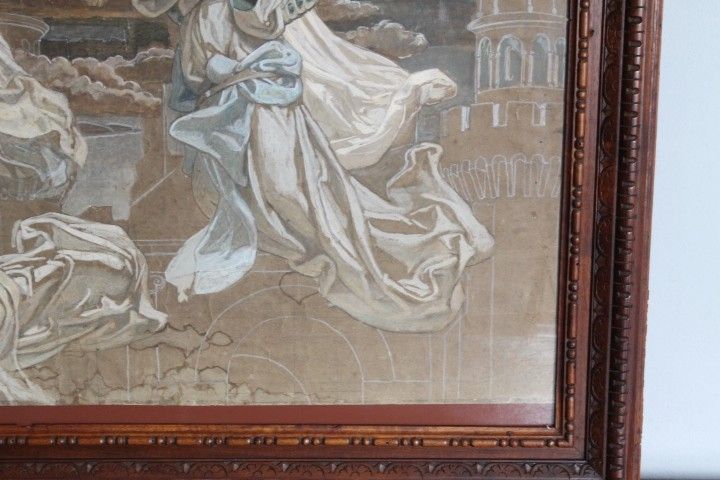 Ancienne peinture à la détrempe Anges croquis pour fresque 19ème siècle. grande qualité. Mes 108 x 84