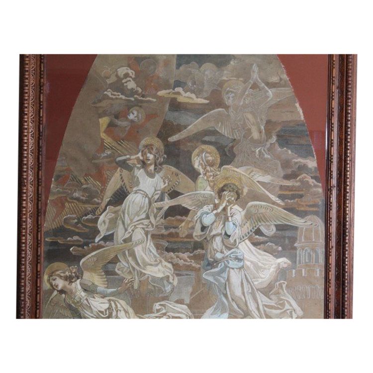 Ancienne peinture à la détrempe Anges croquis pour fresque 19ème siècle. grande qualité. Mes 108 x 84