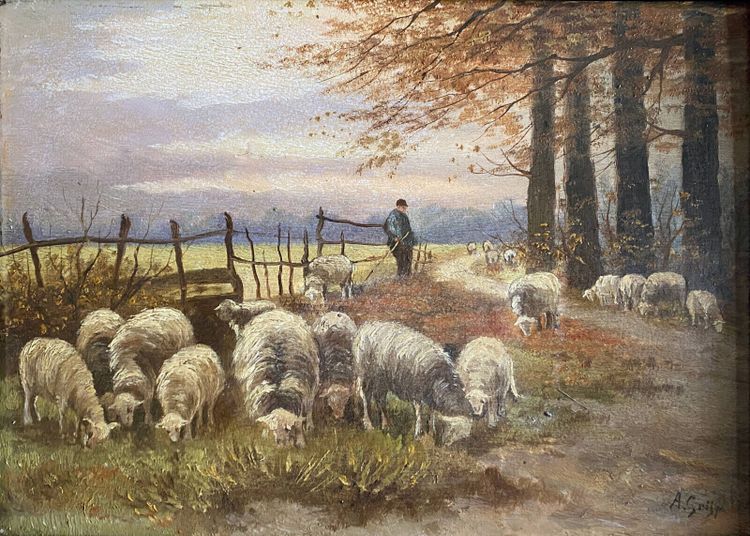 Impressionist painting HSP "Berger se ses moutons" XIX° siècle Andree GRIJP XIX-XX