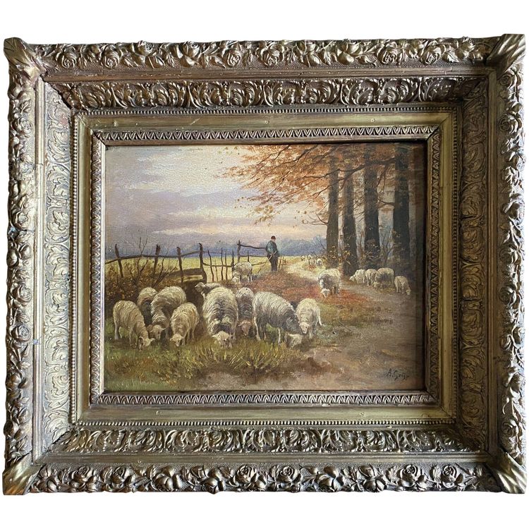 Impressionist painting HSP "Berger se ses moutons" XIX° siècle Andree GRIJP XIX-XX
