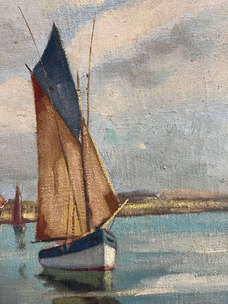 Dipinto HST Marine "Barche a vela in porto", inizio XX secolo, firmato