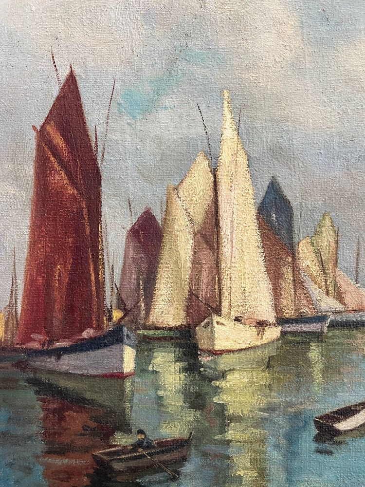 Dipinto HST Marine "Barche a vela in porto", inizio XX secolo, firmato