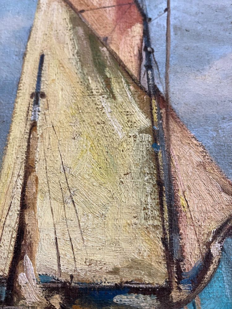 Dipinto HST Marine "Barche a vela in porto", inizio XX secolo, firmato