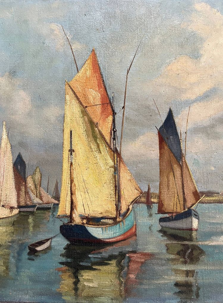 Dipinto HST Marine "Barche a vela in porto", inizio XX secolo, firmato