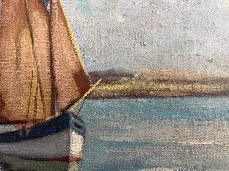 Dipinto HST Marine "Barche a vela in porto", inizio XX secolo, firmato