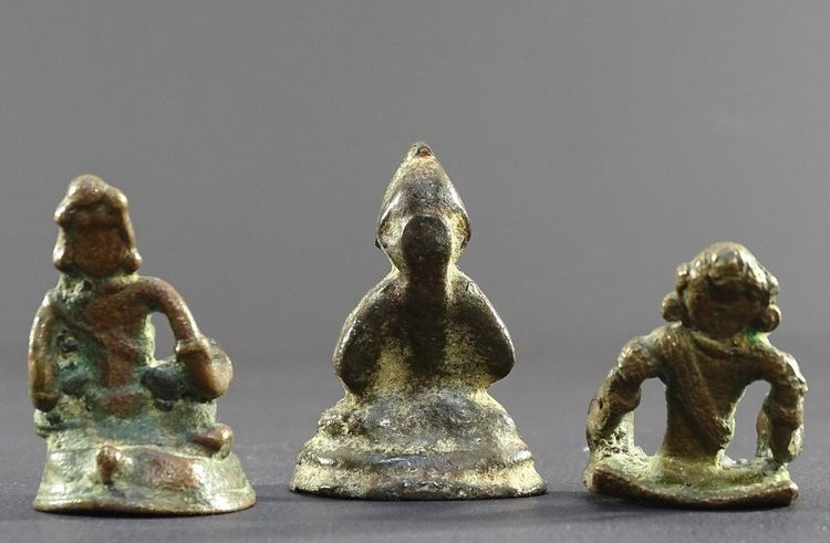 India, 18th-early 19th century, Rare Set of Three Bronze Miniature Statues.