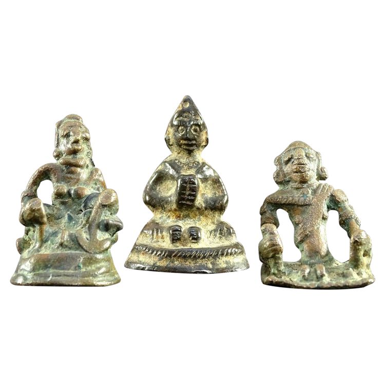 India, 18th-early 19th century, Rare Set of Three Bronze Miniature Statues.