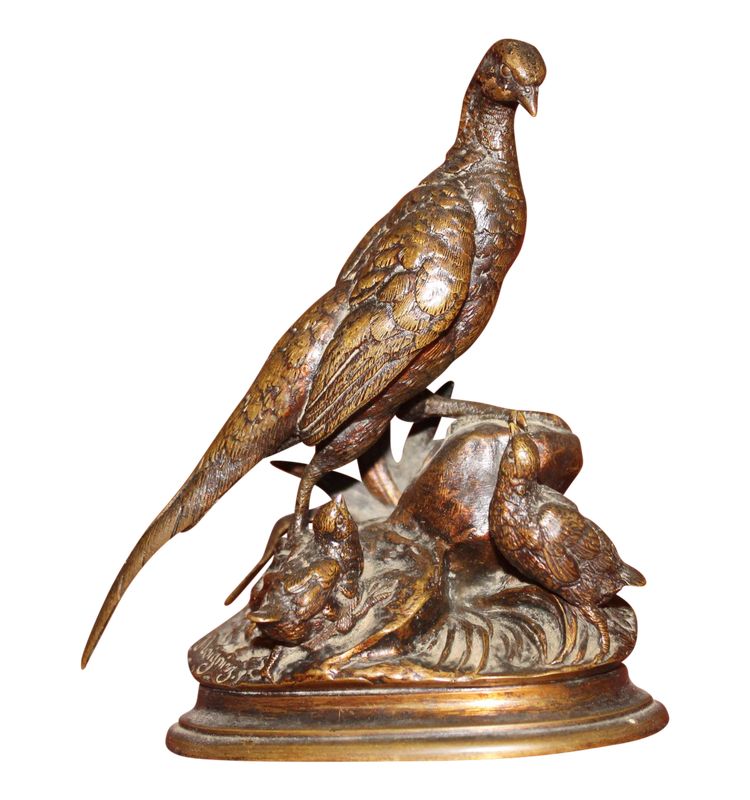 Jules Moigniez bronze sculpture: Pheasant hen and her young signed on the terrace c. 19th century