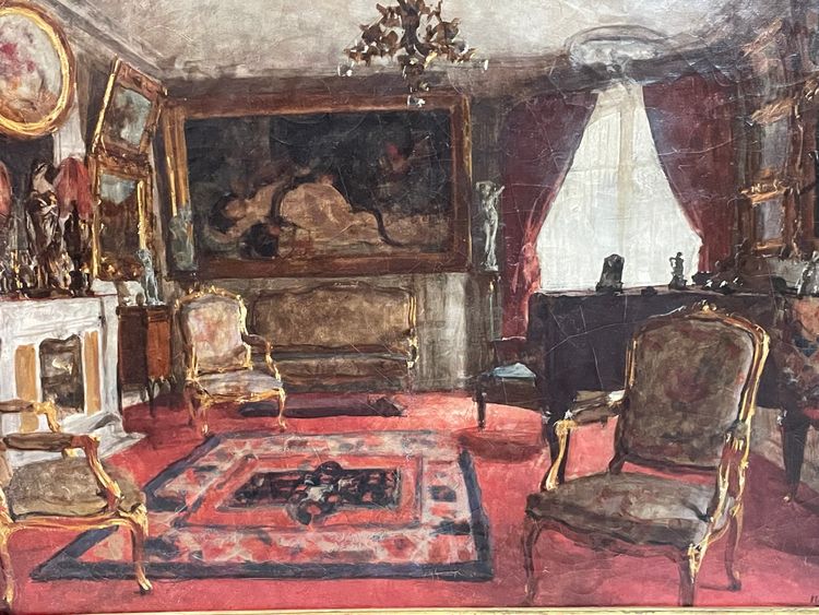 Henri Charles Antoine Baron - Vue d'Intérieur Salon Huile Sur Toile Fin XIXème