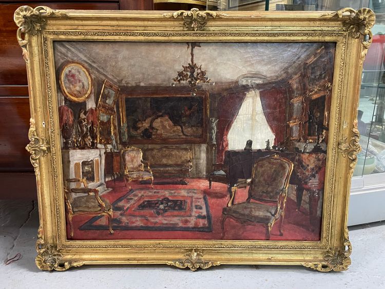 Henri Charles Antoine Baron - Vue d'Intérieur Salon Huile Sur Toile Fin XIXème
