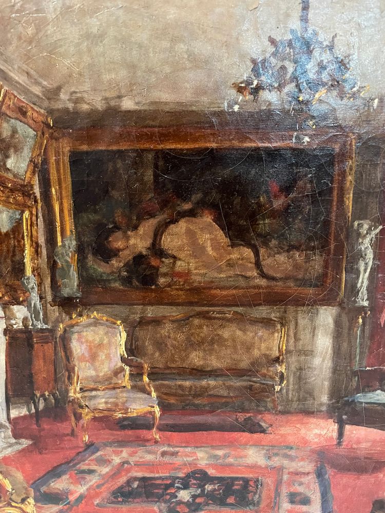 Henri Charles Antoine Baron - Vue d'Intérieur Salon Huile Sur Toile Fin XIXème