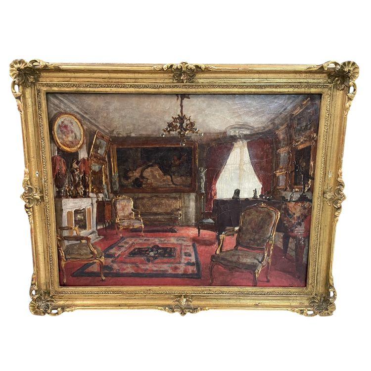 Henri Charles Antoine Baron - Vue d'Intérieur Salon Huile Sur Toile Fin XIXème