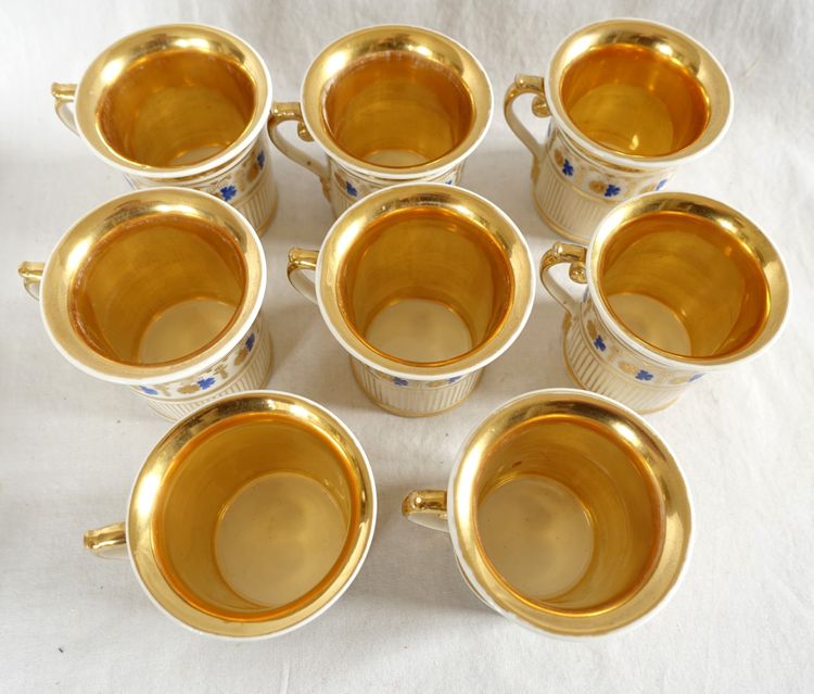 Service à café complet pour 8, porcelaine dorée et bleue, époque Empire Restauration - 11 pièces