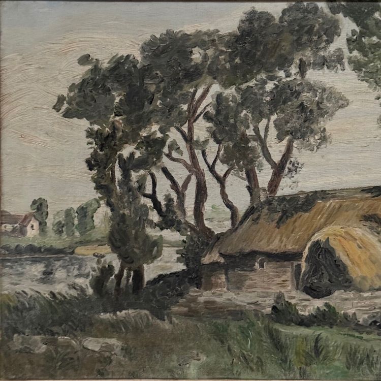 Oil on canvas landscape with Vendée basket by C. Bonno 1949
