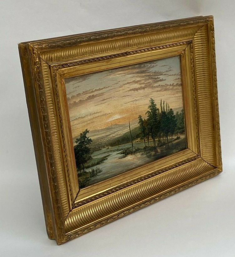 Huile sur toile XIXe paysage bord de rivière cadre palmettes et cannelures