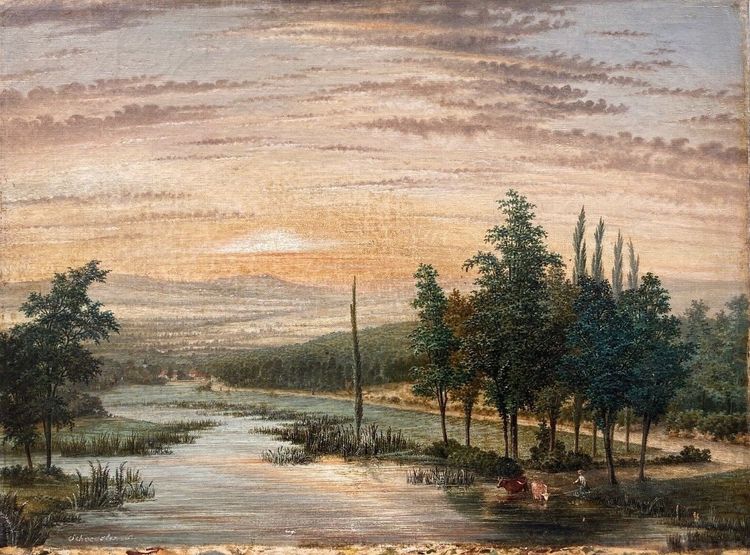 Huile sur toile XIXe paysage bord de rivière cadre palmettes et cannelures