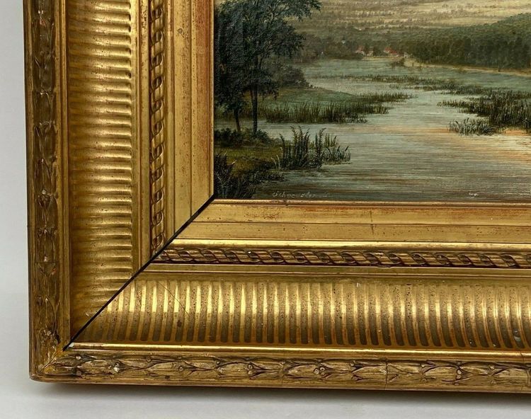 Huile sur toile XIXe paysage bord de rivière cadre palmettes et cannelures