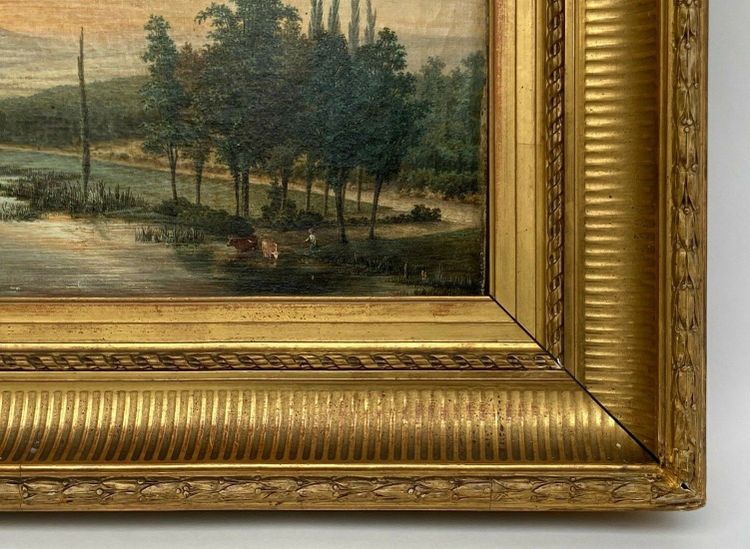 Huile sur toile XIXe paysage bord de rivière cadre palmettes et cannelures
