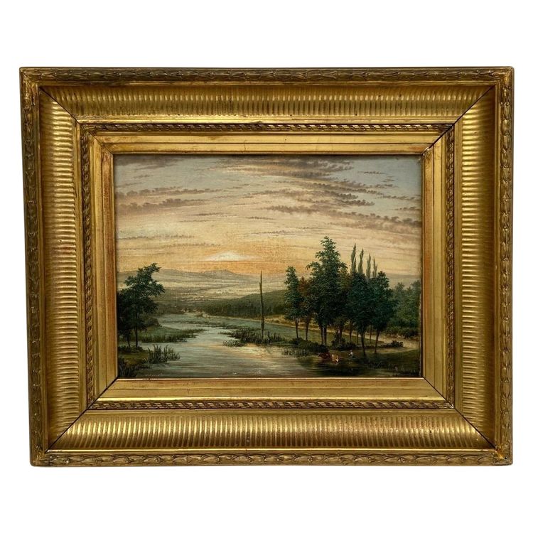 Huile sur toile XIXe paysage bord de rivière cadre palmettes et cannelures