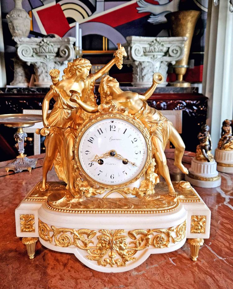 Clock "with Bacchantes" Gilt Bronze and Marble