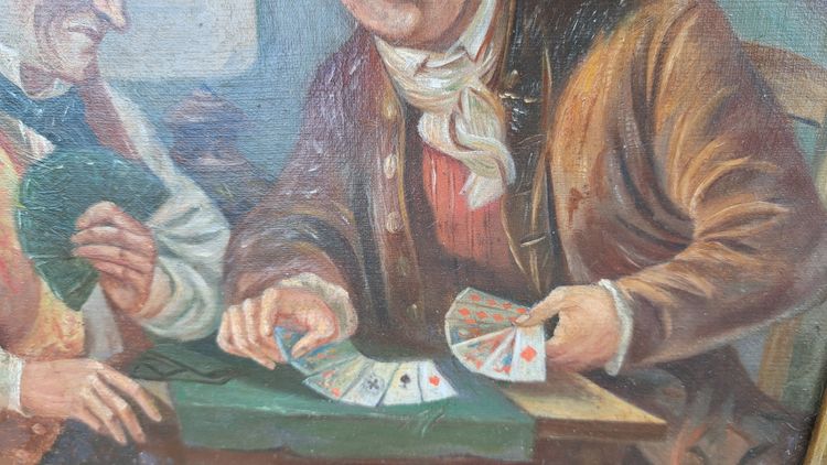 Tableau école Italienne huile sur toile  joueurs de cartes XIXème