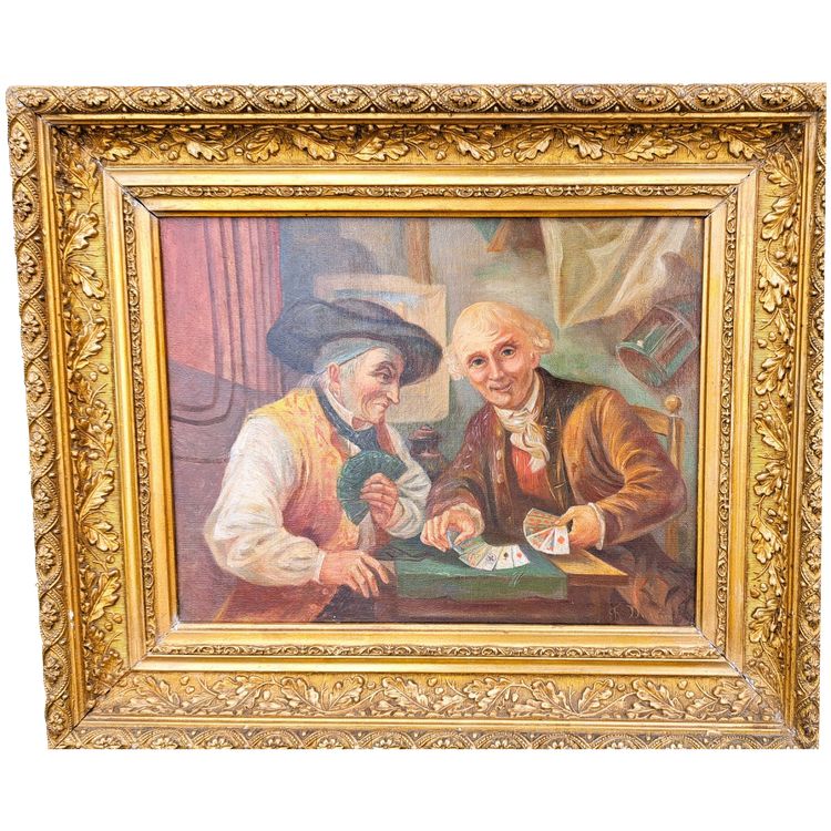 Tableau école Italienne huile sur toile  joueurs de cartes XIXème