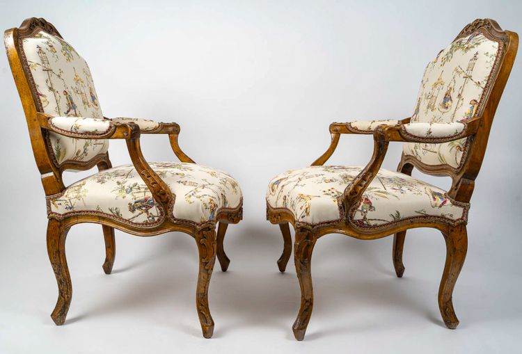 Attributed to Louis Poussiée Pair of Large Louis XV Period Walnut Armchairs Circa 1740-1745