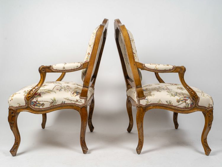 Attributed to Louis Poussiée Pair of Large Louis XV Period Walnut Armchairs Circa 1740-1745