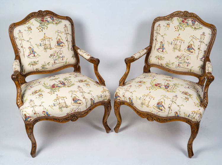 Attributed to Louis Poussiée Pair of Large Louis XV Period Walnut Armchairs Circa 1740-1745