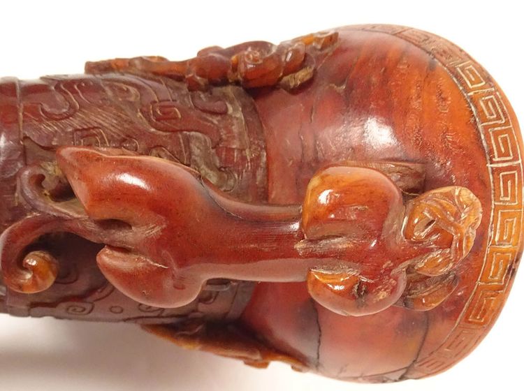 Coupe Libatoire Tripode Corne Buffle Sculptée Dragon Chilongs Chine XXème