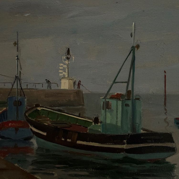 Oil on cardboard 20th century by Florent Sichet trawlers fishing boats